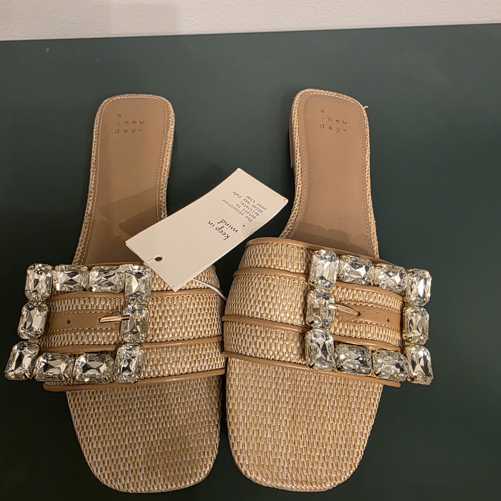 a new day Tan Woven Slide Mules with Crystal Buckle- Sz 10 Women's